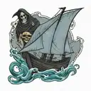 grimreaper below the surface, ocean, old ship with sails, blackhole, man in water tattoo design idea