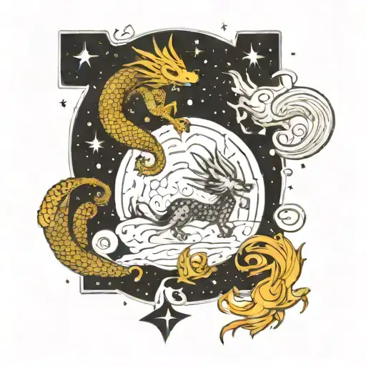 Incorporate the dragon and dog into a celestial or cosmic scene, where they are surrounded by stars, moon, constellation tattoo design idea