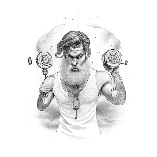 A GREEK GOD WİTH airpods and sNEAKERS, tatto for arm, men tattoo design idea
