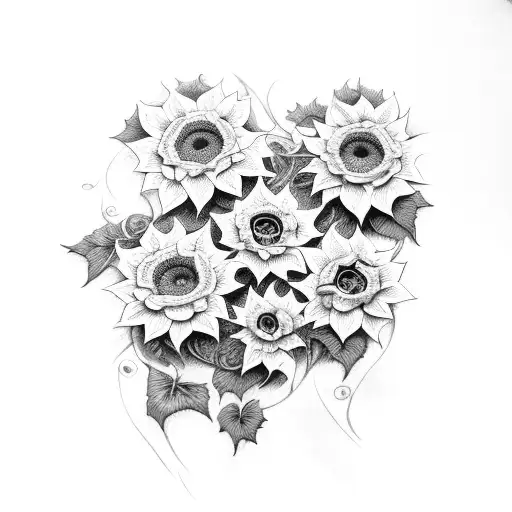 An intricate vine of ivy leaves with blooming sunflowers and lilacs tattoo design idea