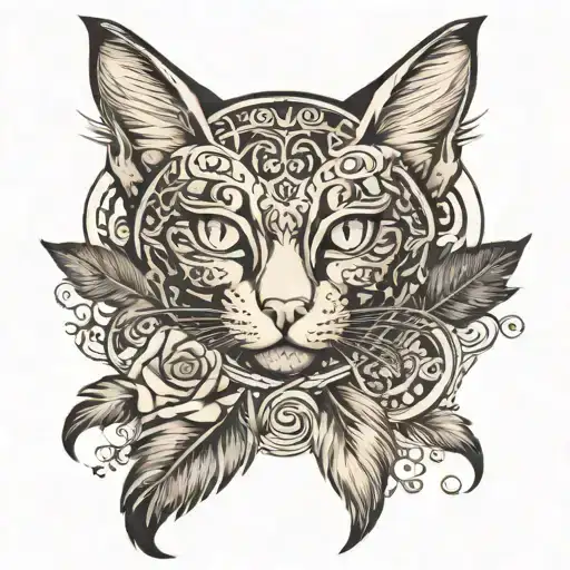 infinity and a feather and a cat nearby tattoo design idea