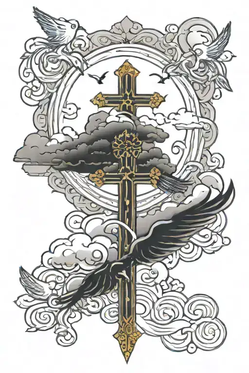 forearm god crosses clouds birds  tattoo design idea