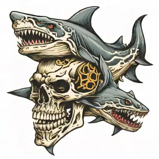 skull and sharks tattoo design idea