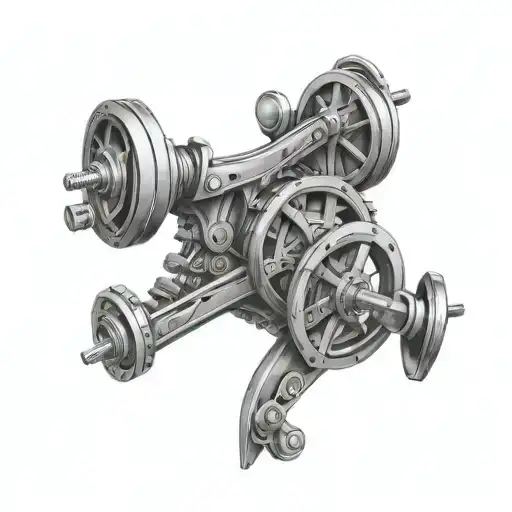 An intricate mechanical design inspired by gym equipment and car parts, symbolizing the client's passion for fitness and cars tattoo design idea