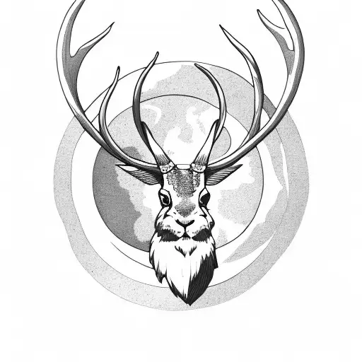 Jackalope with a moon inbetween the antlers tattoo design idea