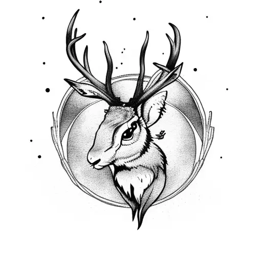 Jackalope with a moon inbetween the antlers tattoo design idea