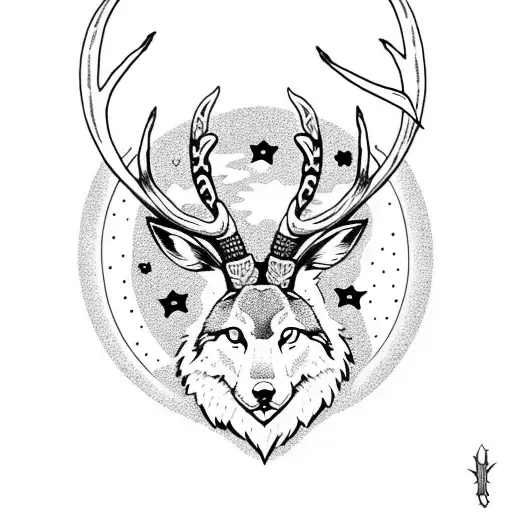 Jackalope with a wolf and a cresent moon with stars tattoo design idea