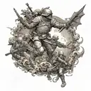 Battlefield with soldiers and monsters fighting tattoo design idea