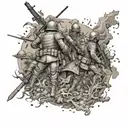 Battlefield with soldiers and monsters fighting tattoo design idea