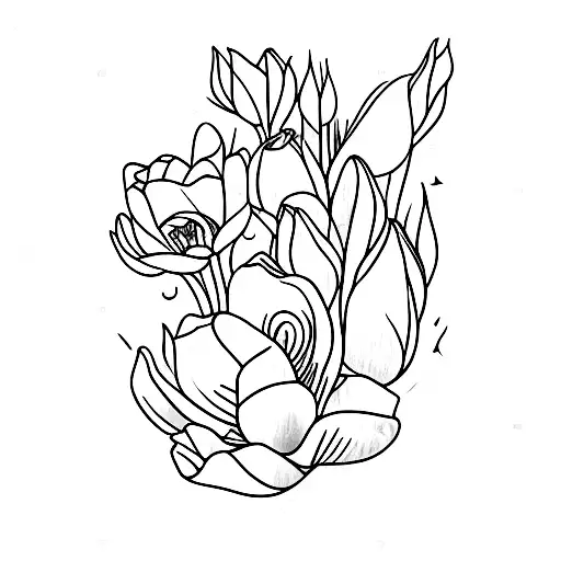 tulipan azul, rosas rojas y blancas, orquideas  tattoo design idea
