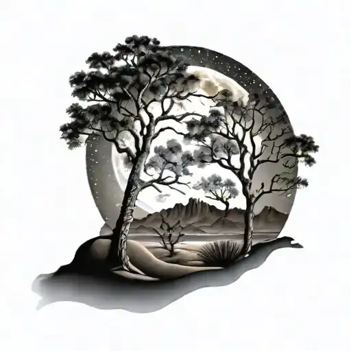 sleeve tattoo of desert trees at night with a quarter moon and bats flying tattoo design idea