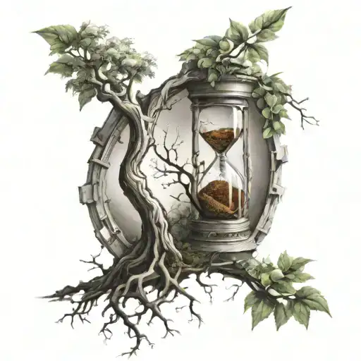A tree growing from a broken hourglass, symbolizing the idea that time can heal most anything tattoo design idea