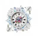 border year clock in a glas cuple standing on a tablewhit flowers around in memory  tattoo design idea