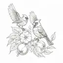 Cardinal and Sparrow flying from opposite sides to a peach with leaves tattoo design idea