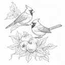 Cardinal and Sparrow flying from opposite sides to a peach with leaves tattoo design idea