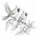 Cardinal and Sparrow flying from opposite sides to a peach with leaves tattoo design idea