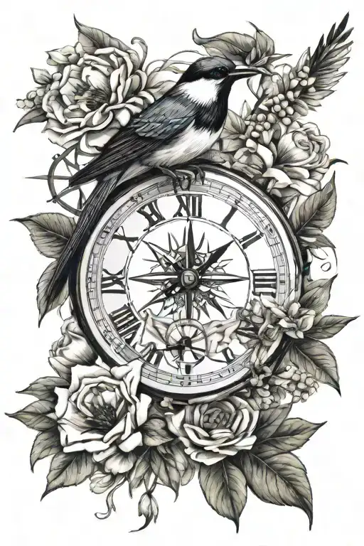half compass/half clock, arrow pointing north, with bird flying away with a flower in beak tattoo design idea