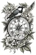 half compass/half clock, arrow pointing north, with bird flying away with a flower in beak tattoo design idea