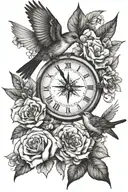 half compass/half clock, arrow pointing north, with bird flying away with a flower in beak tattoo design idea