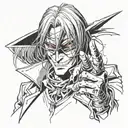 alucard hellsing, dark, glasses, superior look, long hair, vampire hands, sharp penetrating gaze, sharp teeth, holding a tattoo design idea
