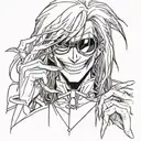 alucard hellsing, dark, glasses, superior look, long hair, vampire hands, sharp penetrating gaze, sharp teeth, holding a tattoo design idea