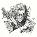 alucard hellsing, dark, glasses, superior look, long hair, vampire hands, sharp penetrating gaze, sharp teeth, holding a tattoo design idea