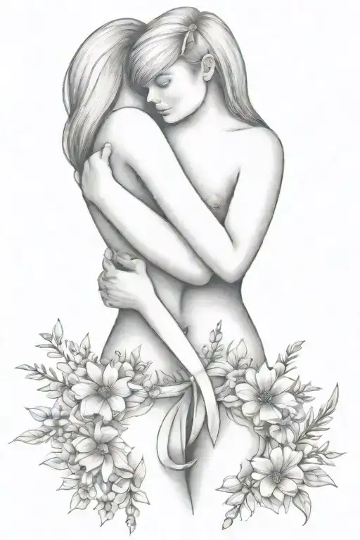 self love hug, breast cancer ribbon, grateful, wild flowers tattoo design idea