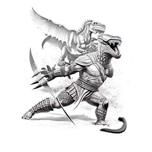 A gladiator fighting a dinosaur in an epic battle tattoo design idea