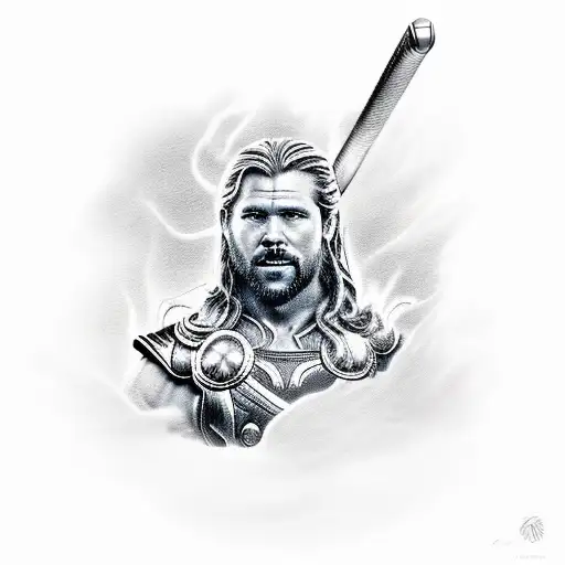 A realistic rendering of the client's favorite god, Thor, wielding a golf club instead of his iconic hammer Mjölnir, blending their passion for golf and mythology tattoo design idea