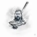 A realistic rendering of the client's favorite god, Thor, wielding a golf club instead of his iconic hammer Mjölnir, blending their passion for golf and mythology tattoo design idea