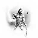 A realistic rendering of the client's favorite god, Thor, wielding a golf club instead of his iconic hammer Mjölnir, blending their passion for golf and mythology tattoo design idea