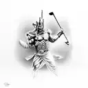 A realistic rendering of the client's favorite god, Thor, wielding a golf club instead of his iconic hammer Mjölnir, blending their passion for golf and mythology tattoo design idea