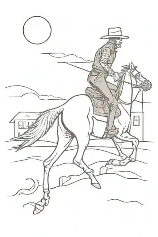 Cowboy Skeleton riding a horse through a empty town into the sunset one last time tattoo design idea