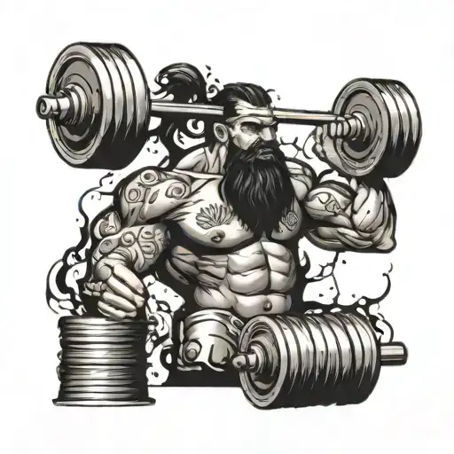 A tattoo of a muscular electrician lifting weights with smoke swirling around him, incorporating elements of tools and money tattoo design idea