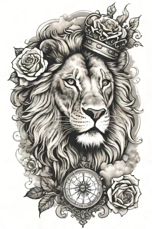 A lion head with crown surrounded by roses, clouds, one compass, and smoky swirl around the lion head tattoo design idea