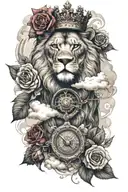 A lion head with crown surrounded by roses, clouds, one compass, bloodhound dog, a bear, and smoky swirl tattoo design idea