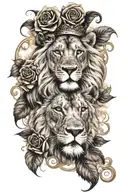 A lion head with crown surrounded by roses, clouds, one compass, bloodhound dog, a bear, and smoky swirl tattoo design idea