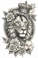 A lion head with crown surrounded by roses, clouds, one compass, and smoky swirl around the lion head tattoo design idea
