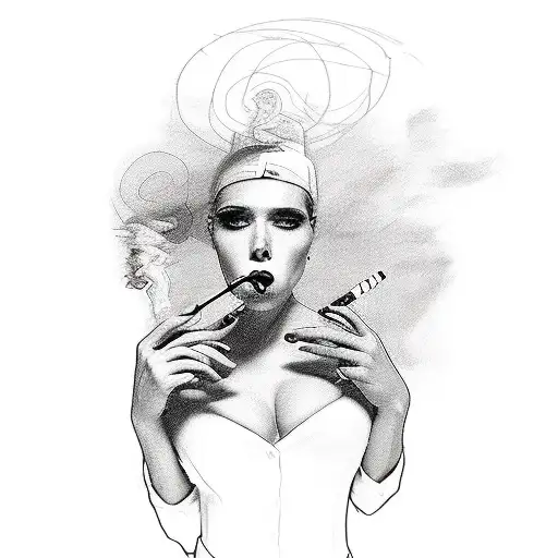 A sketch-style design of a woman seductively smoking a joint tattoo design idea