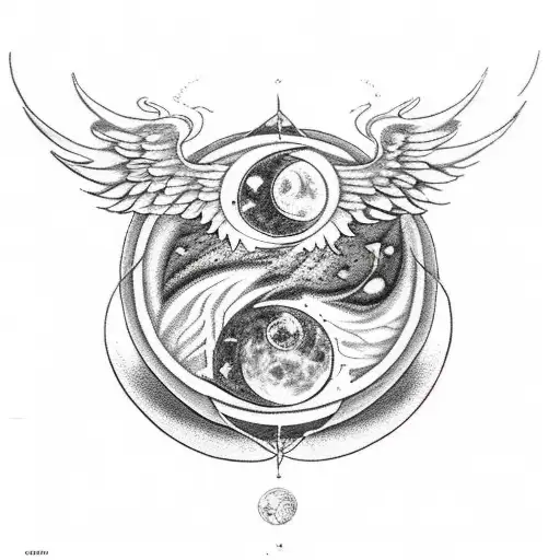 I want moon phases, yin and yang, Phoenix bird, Pegasus or angel wings, Celtic ruins, a sworda tattoo design idea