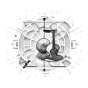 A bookshelf filled with musical instruments and soccer balls tattoo design idea