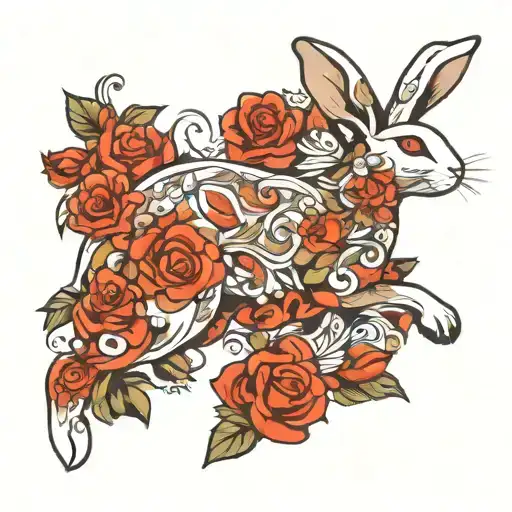 abstract design of a running white rabbit with roses tattoo design idea