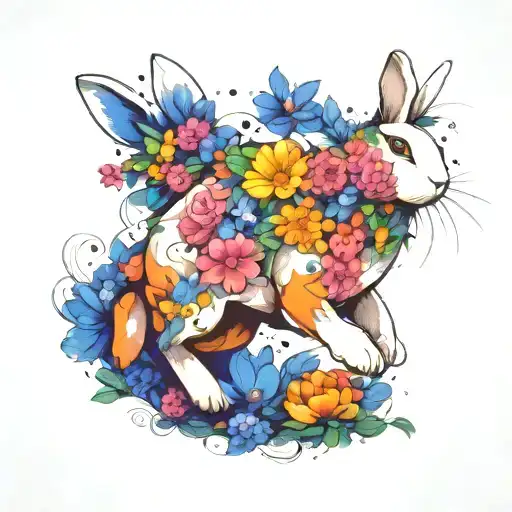 white rabbit running surrounded by flowers  tattoo design idea