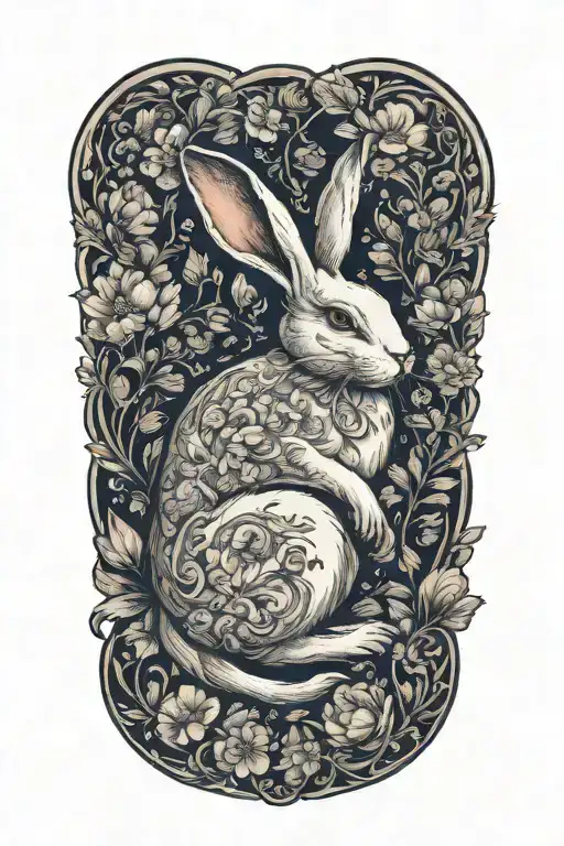 white rabbit lounging  surrounded by flowers tattoo design idea