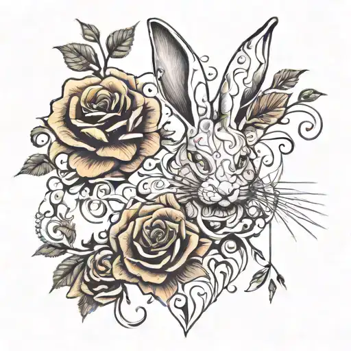 white rabbit and roses intertwined tattoo design idea