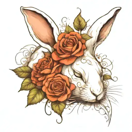 abstract design of a sleeping white rabbit with roses tattoo design idea