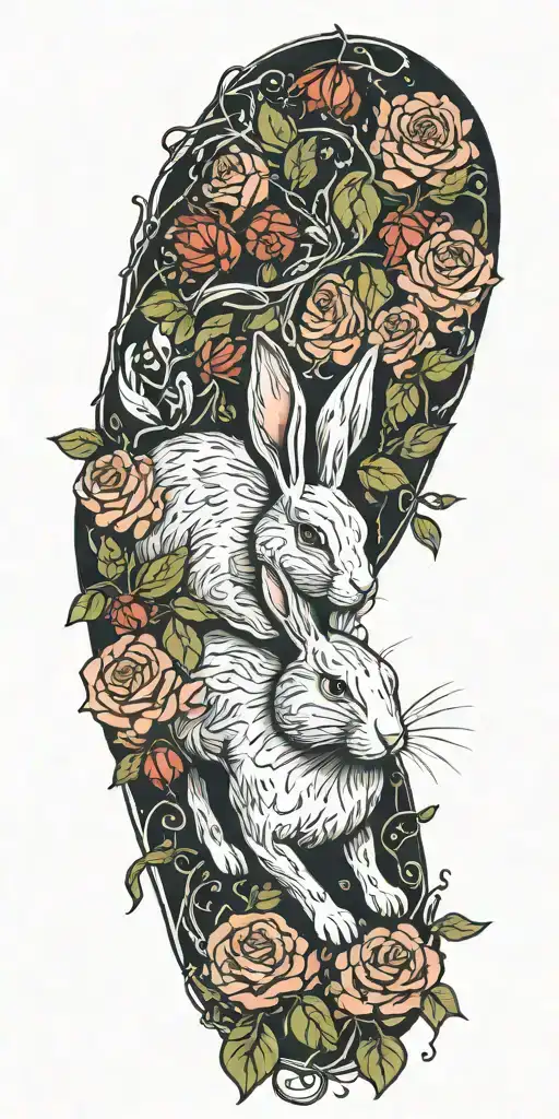 rabbit running and roses intertwined with vines wrapped tattoo design idea