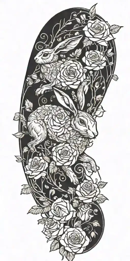 rabbit running and roses intertwined with vines wrapped tattoo design idea