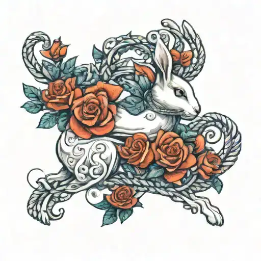 running white rabbit with roses and rope intertwined tattoo design idea