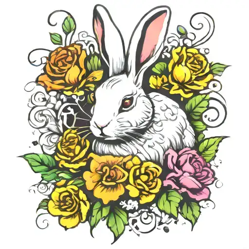 white rabbit surrounded by roses mayflowers hibiscus tattoo design idea